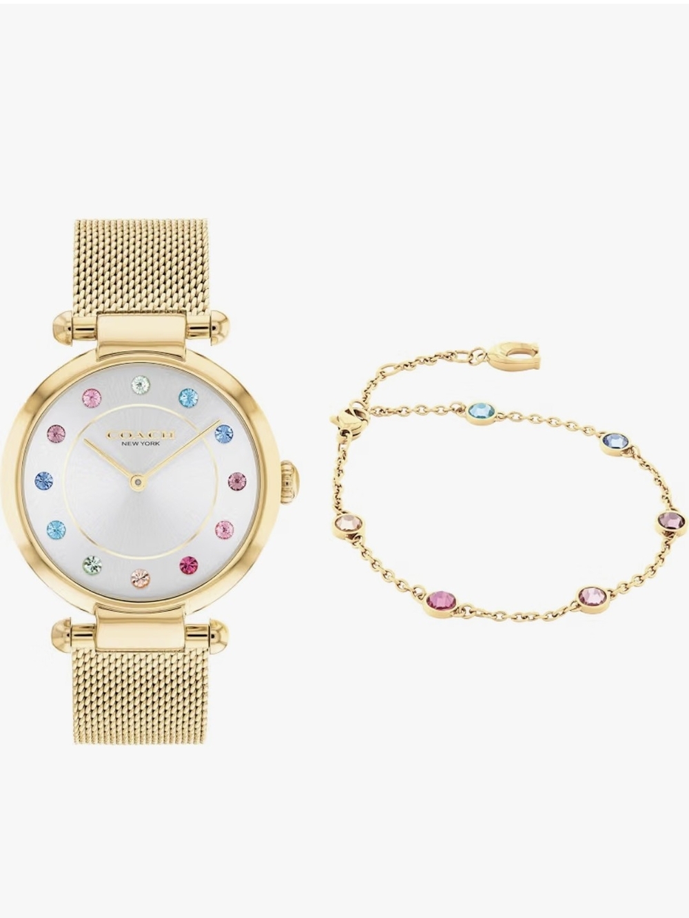Coach Gold-Tone Mesh Watch with Multicolor Crystal Accents and Matching Bracelet